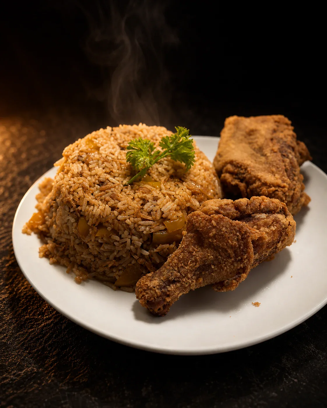 Seasoned rice with yellow peppers, parsley, and two pieces of fried chicken on a white plate